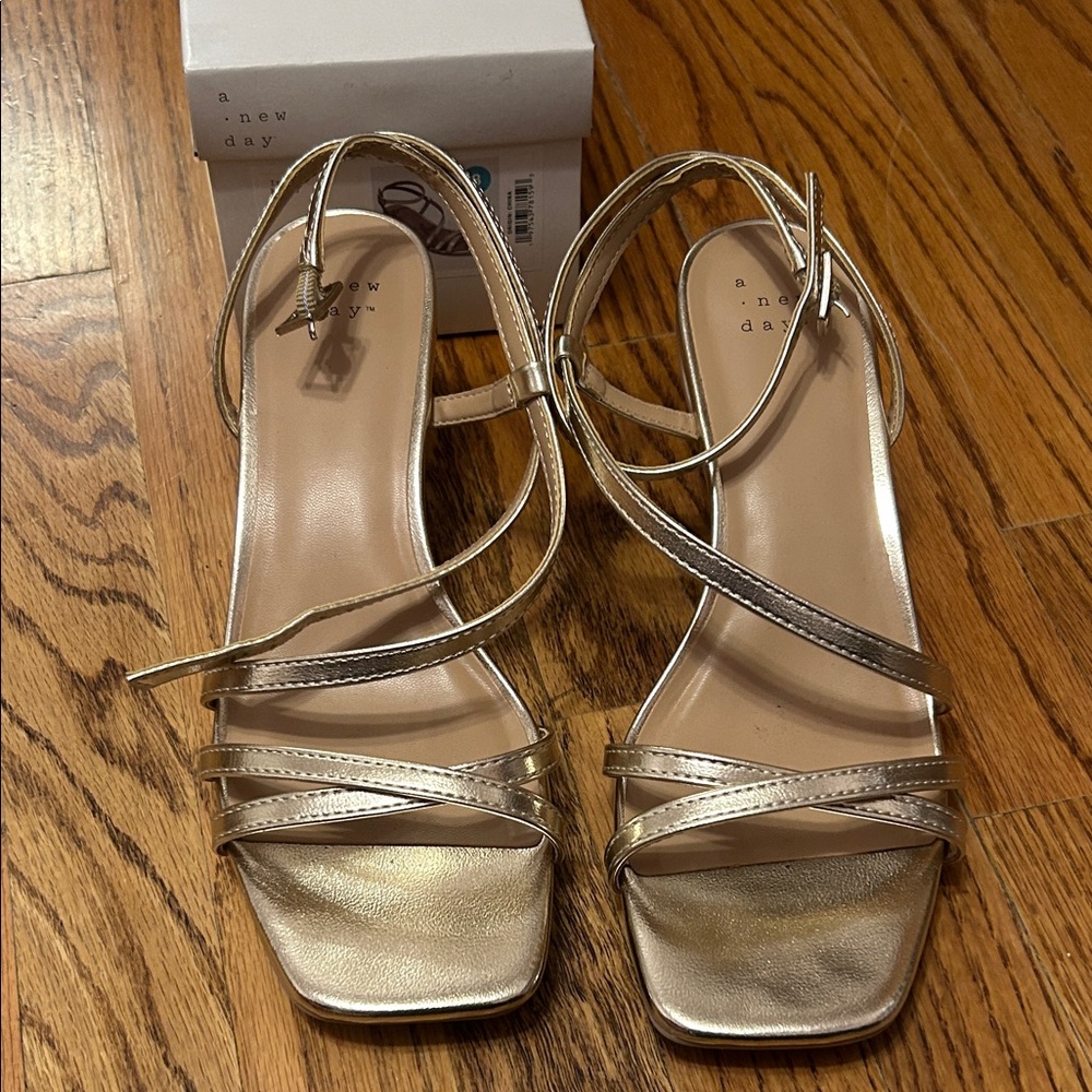 a new day Metallic Gold Strappy Square-Toe Heeled Sandals worn once
